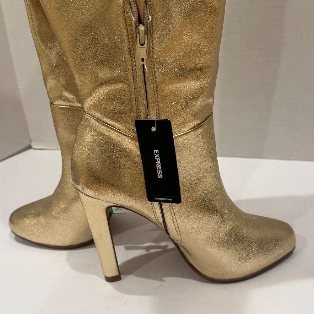 NEW Brian Atwood Express Express Over The Knee Boots‎ Gold Metallic Thigh High 6
